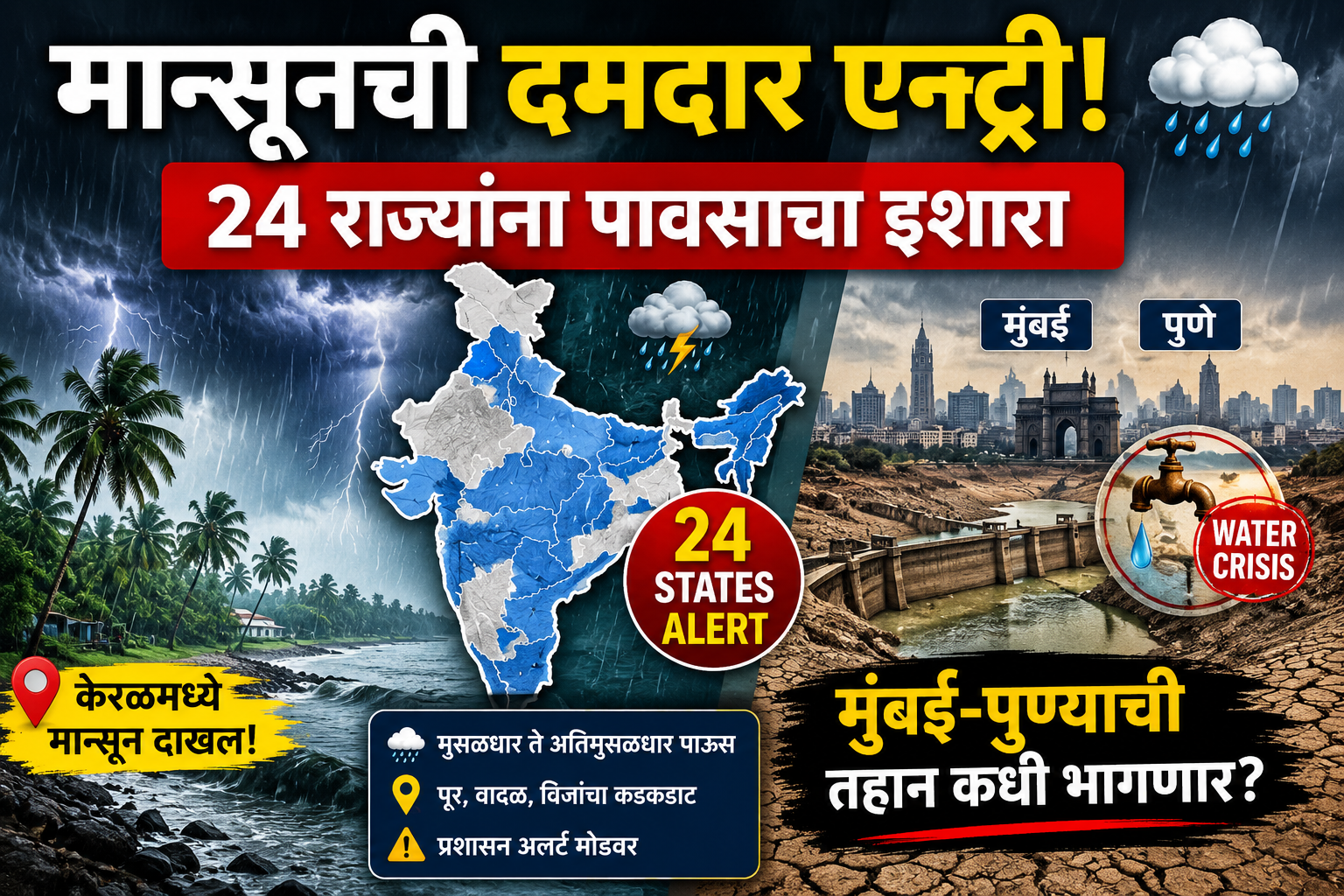मान्सूनची अखेर दमदार एन्ट्री! केरळमध्ये आगमनाची नांदी, 24 राज्यांमध्ये पावसाचा इशारा; मुंबई-पुण्याची तहान कधी भागणार?