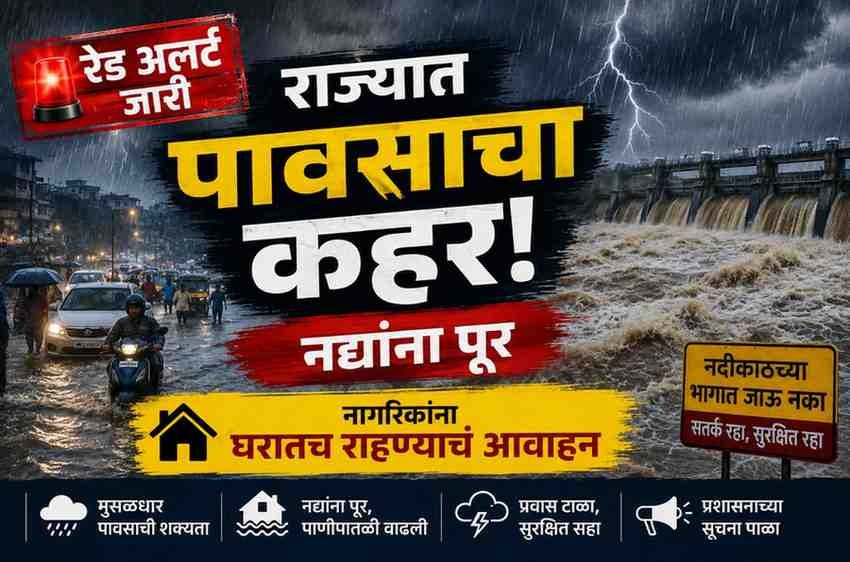 Rain Alert : राज्यात पावसाचा कहर; रेड अलर्ट जारी, नद्यांना पूर, नागरिकांना घरातच राहण्याचं आवाहन