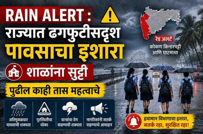 Rain Alert : राज्यात ढगफुटीसदृश पावसाचा इशारा; शाळांना सुट्टी, पुढील काही तास महत्त्वाचे